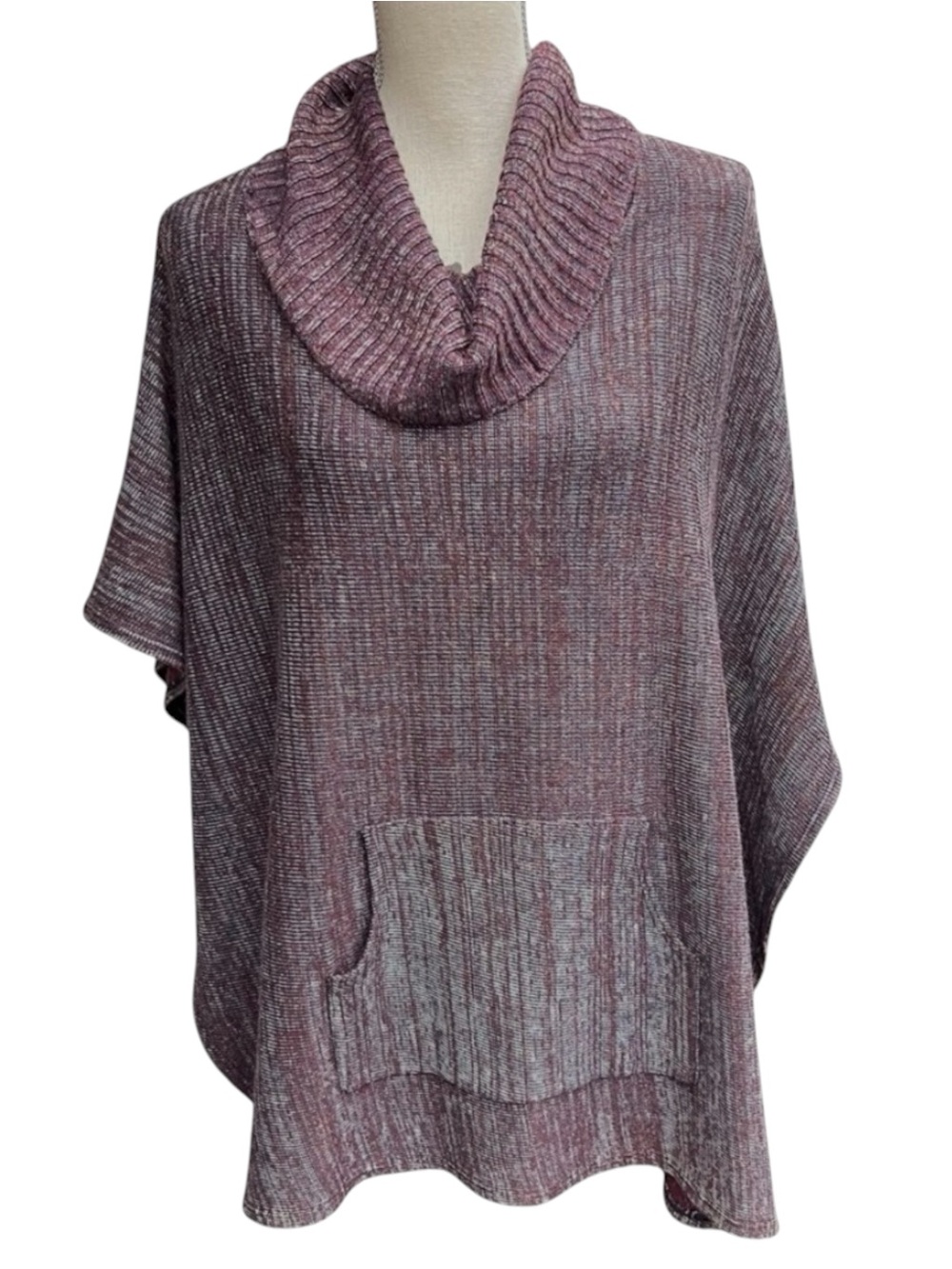 Bella Dahl Heathered Merlot/Grey Cotton Blend Turtleneck Poncho (XS/S)